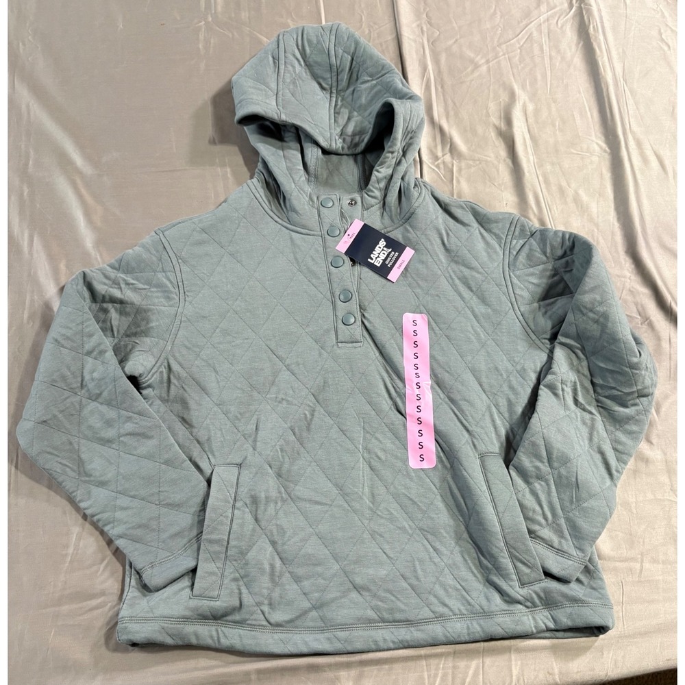 Lands' End Womens Quilted Henley Hoodie Sage Green Diamond Stitch Pullover S